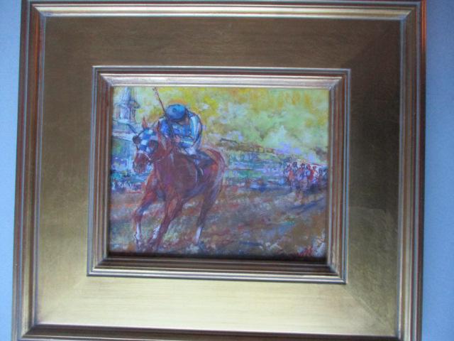 Secretariat's Belmont and Ron Turcotte's Memorable: Mixed Media on Board by Fay Moore 8" x 10" Framed