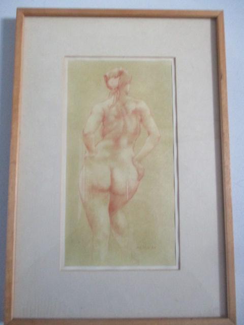 Female Nude Signed Sketch on Paper "Hal Palin '68": 12" x 6 1/2" Framed