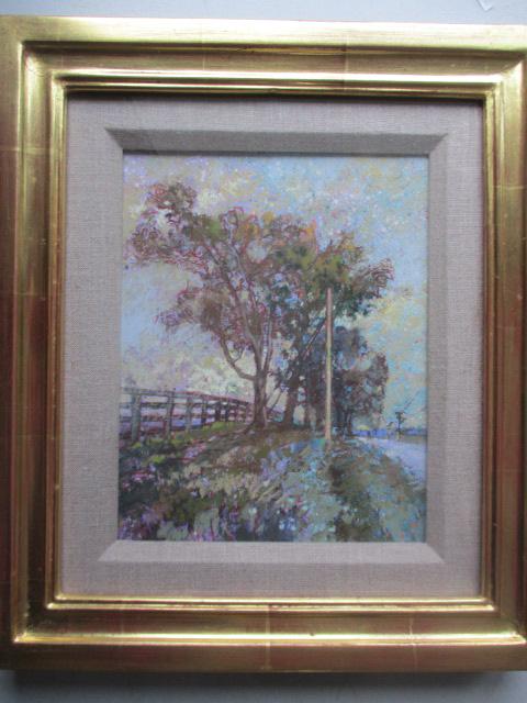 All Things Wooden, Fence, Pole and Tree: Pastel and Gouache on Canvas by Fay Moore Unsigned - 10" x 8" Framed