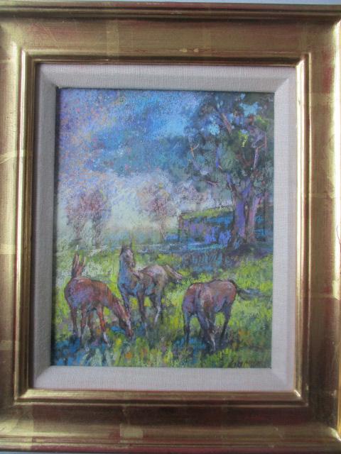 Pasture Scene (3 Mares, Slope & Shadows): Pastel and Gouache on Canvas "Watermill Museum" by Fay Moore 10" x 8" Framed