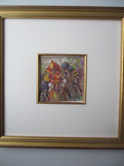 "Sea Biscuit Series #4 Sea Biscuit/War Admiral" Pastel: Paper Mounted in Frame by Fay Moore 4 1/2" x 4 1/2" Framed