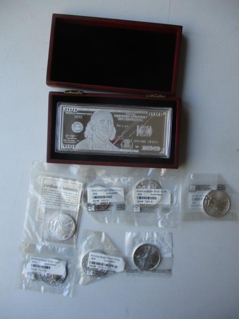 7 Silver Eagle Coins &  1 Ounce Silver Proof Dollar (1 of 4)
