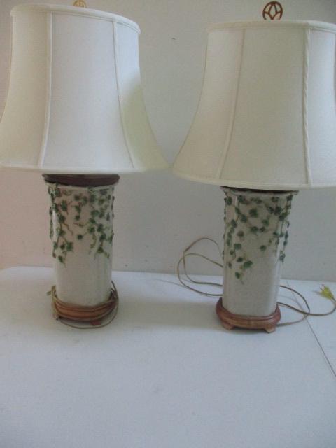 Pair Asian Motif Vine Lamps with Shades: Finials don't match, 28" High Overall - Wood on Base has lightened - Lamps have crazing - 14 1/2" high excluding yolks- See Photos for Condition