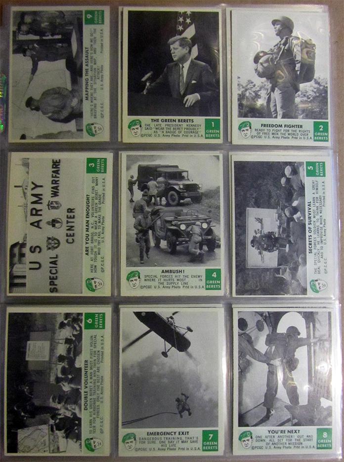 1966 Philadelphia Gum Green Beret Complete Set: Very solid Exmt/Nrmt set. This set has 66 cards and the cards are clean with at worst a light corner touch.