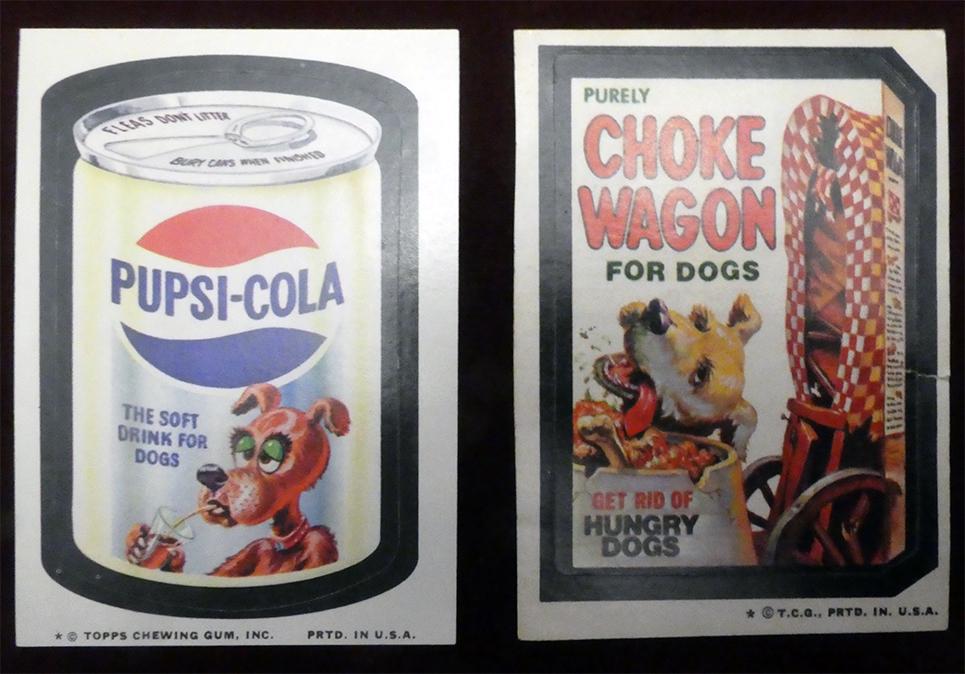 (10) 1970's Wacky Packages with RARES!: Awesome lot that contains Choke Wagon (Poor) right edge tear and Pupsi Cola (Exmt++). The rest are Putrid Cat Chow, Poopsie, Hazel Mishap, Bug Wally, Le Rage's, Ape Green Beans, Sudsy Ale, Shrunken Do