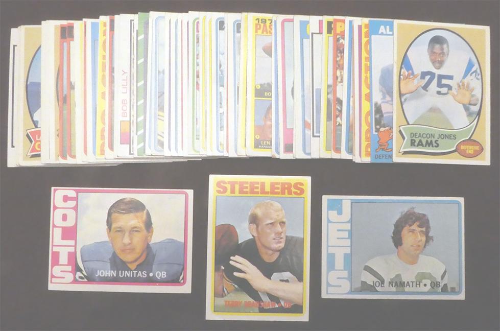 (30) 1972-1986 Topps Football Star Cards: Great lot that is loaded with star and hall of fame names. Cards are Vg/Nrmt with most being Ex/Exmt. Includes 72T Namath, Bradshaw Vg, Unitas, Tarkenton, 1980 Dorestt, Payton, 1970 Maynard, Dawson, G
