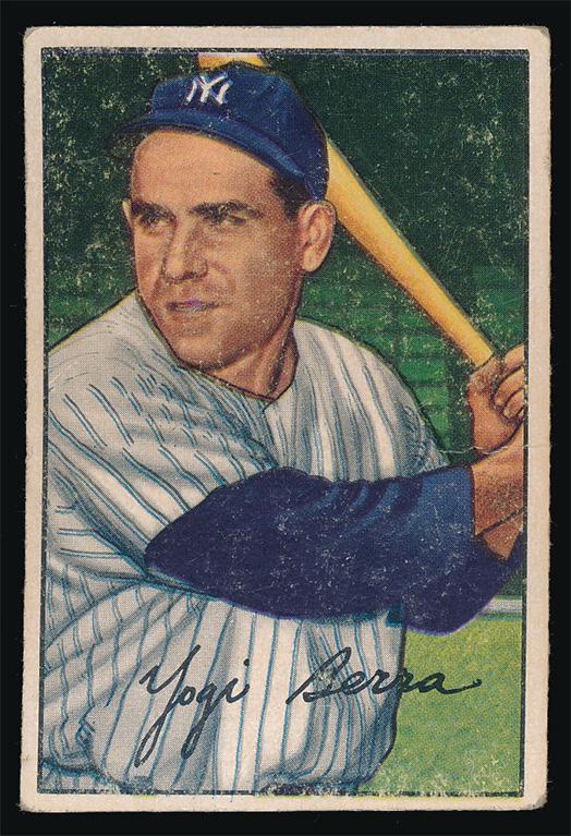 1952 Bowman Baseball #1 Yogi Berra Gd/Vg: A very condition sensitive card due to the facts of being a major hall of famer and the #1 card in the set. For the condition this is a presentable card. The color is solid despite surface wear. The n