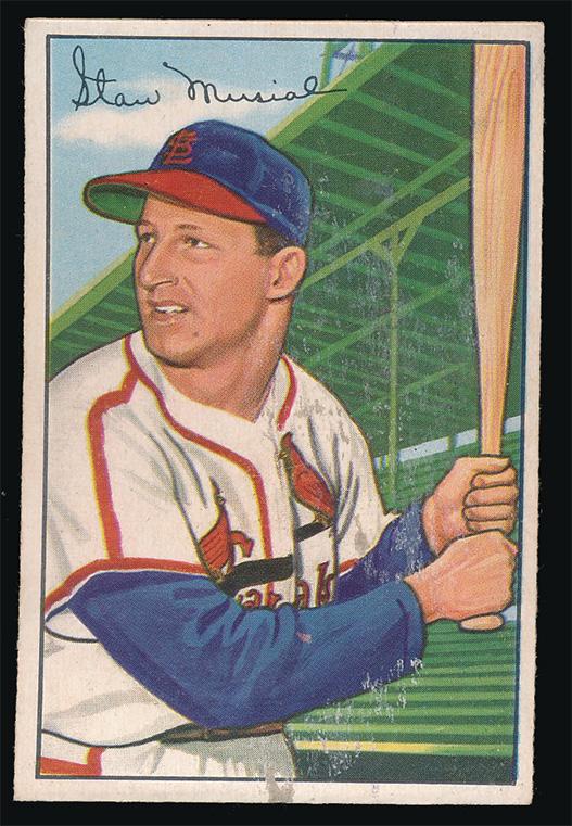 1952 Bowman Baseball #196 Stan Musial Fair: At first glance the card looks solid. The color, corners and borders are crisp bright and clean. Upon closer inspection the card appears to have been stuck to something on the front and shows a loss o
