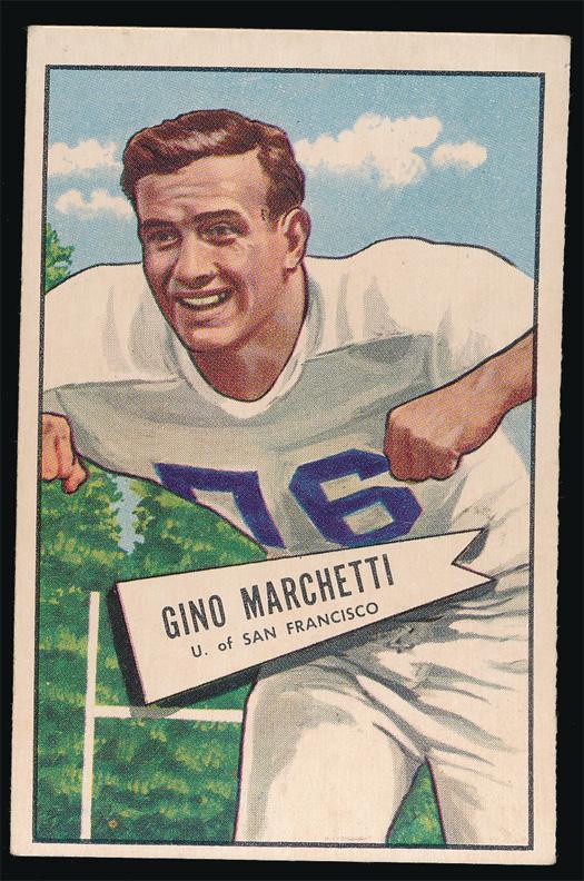 1952 Bowman Football Large #23 Gino Marchetti Ex: A card with an incredibly colorful image and crisp gloss. The bright white borders are centered 90/10 T/B and 30/70 L/R. The corners have light even wear.