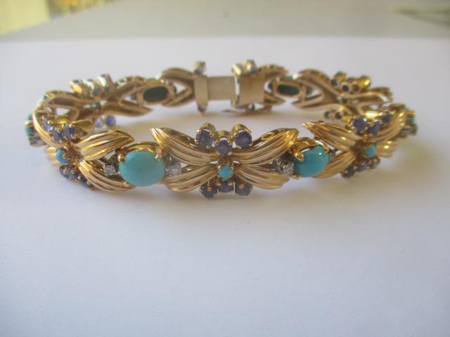 18K 7 1/2" Turquoise - Sapphire & Diamond Bracelet (1 of 4)