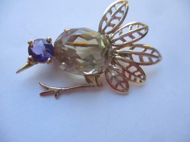 14K Bird & Gemstone Pin - Smokey Topaz (1 of 3)