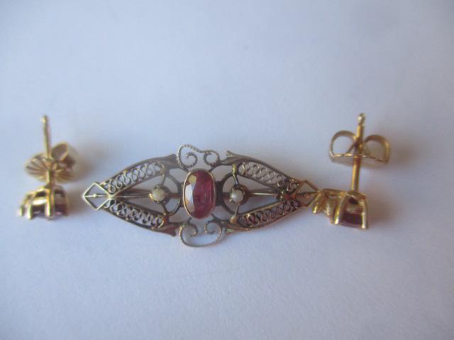 14K Ruby & Diamond Earrings & 10K Seed Pearl Pin (1 of 4)