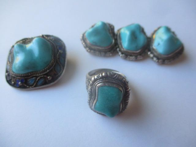 Marked Silver & Turquoise Nuggets 2 Pins and Ring (1 of 5)