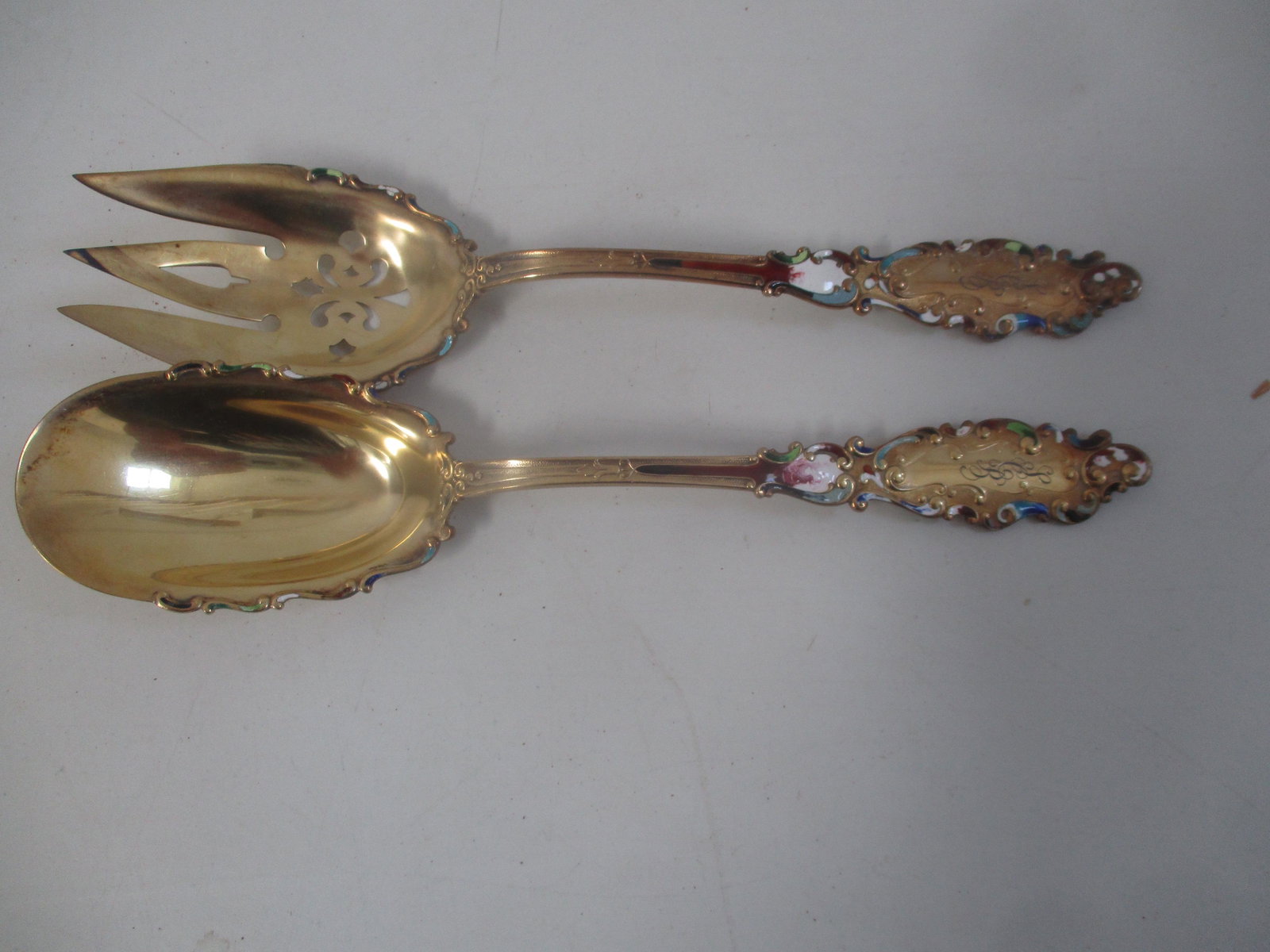 Gorham Mfg. Co. Sterling & Enamel Salad Set: Gold Wash 10" Monogramed - Appr. 6.6 troy ounces - See photos for condition and details
