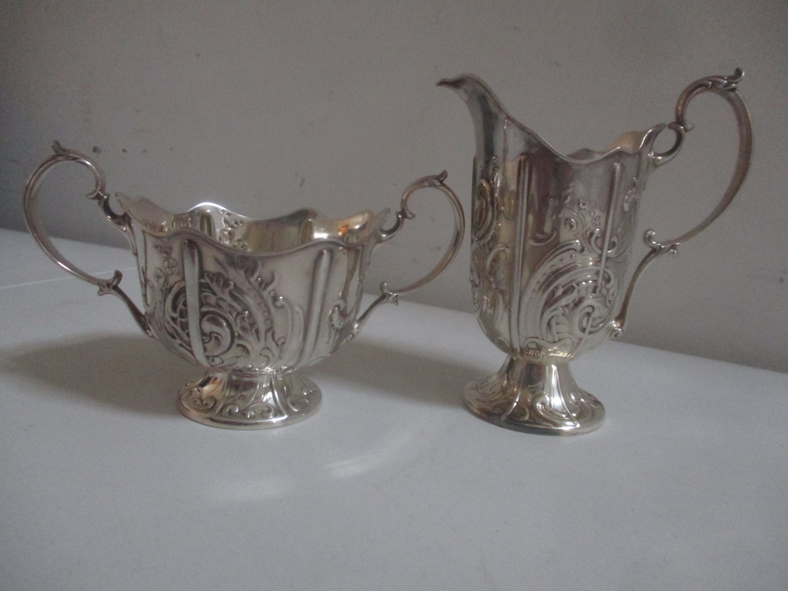 Gorham Sterling Creamer & Sugar 3034: Appr. 10 troy ounces - 6" Handle to Handle & 3 1/2" to top of handle. Creamer is 4 1/2" Spout to Handle and 5" to top of handle - See photos for condition and details