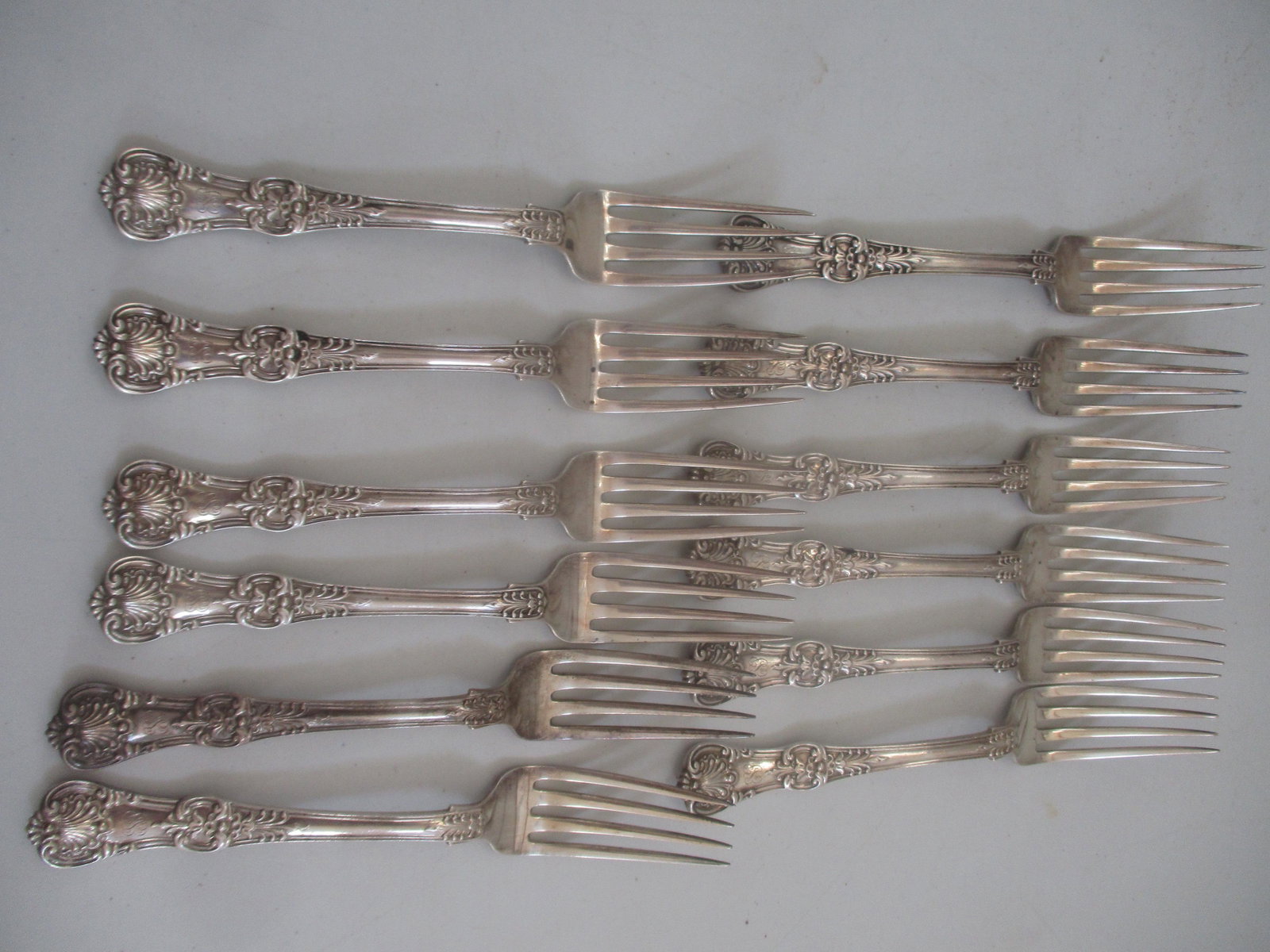 12 Tiffany & Co. English King Pattern 1885 Forks: Monogrammed Appr. 23.1 troy ounces - See photos for condition and detailsForks are 6 7/8" Long