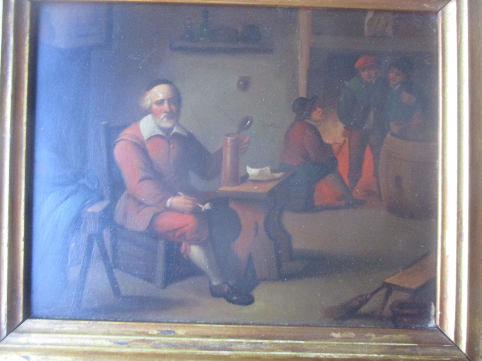 Antique Oil on Tin  Man at Table with Stein & Pipe (1 of 2)