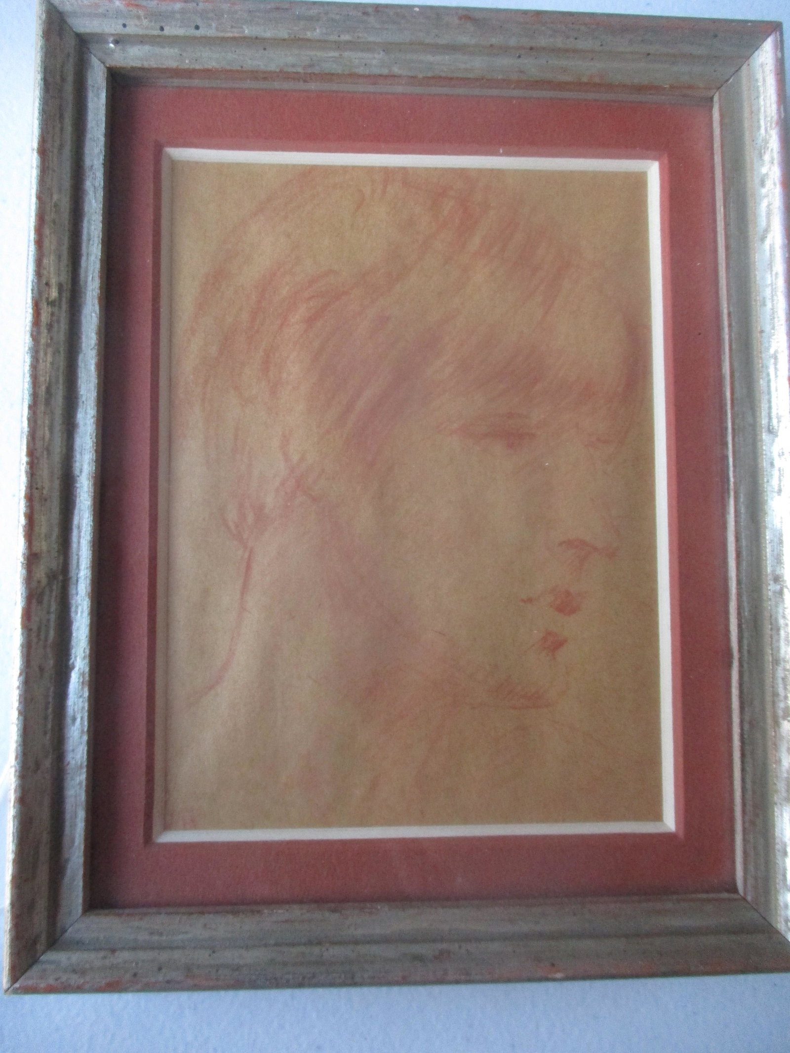 Sketch of Young Man - Willam Hoth 1965 Boy Sketch: Labeled: "Hoth, William (American) Sanguine Drawing (1965)", Art: 5 1/4" x 4" - Frame: 7" x 5 1/2" - See photos for condition and details