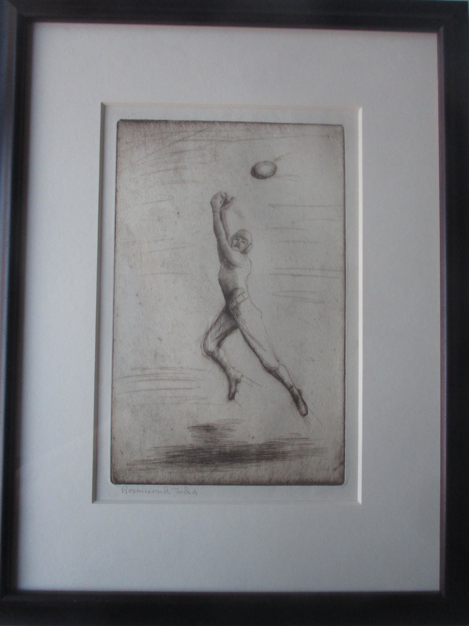 Rosamond Tudor Pencil Signed Football Engraving: Art: 12" x 8" - Frame: 18 1/2" x 14 1/2" - See photos for condition and details
