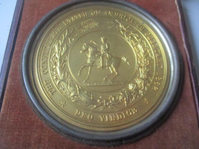 Gold Plated Confederate State of America Seal: 3 1/2" in Wood and Leather Case (as found - Peeling) - See photos for condition and details