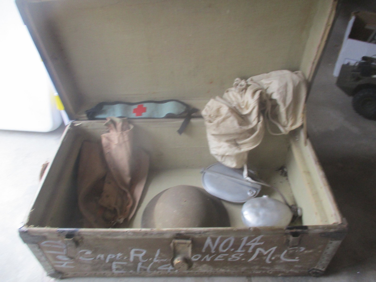 Captain Jones USMC Medic Foot Locker with Helmet: and Canteen with Bullet Holes - See photos for condition and details