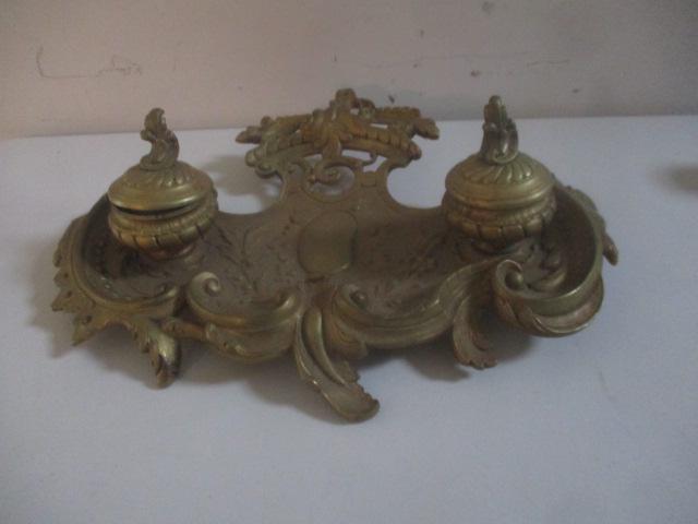 Brass Inkwell Desk Stand 12" Wide (1 of 3)