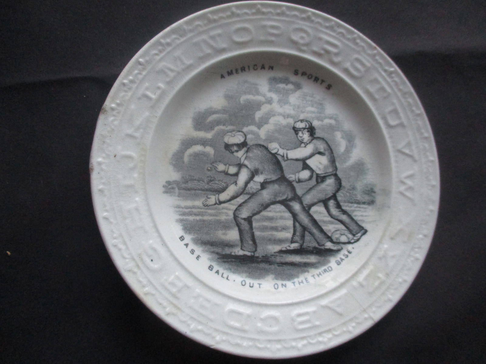 19th Century Staffordshire ABC Plate Baseball: America Sports Baseball Out on Third Base - 6 1/4", 2" Hairline Crack - See photos for condition and details