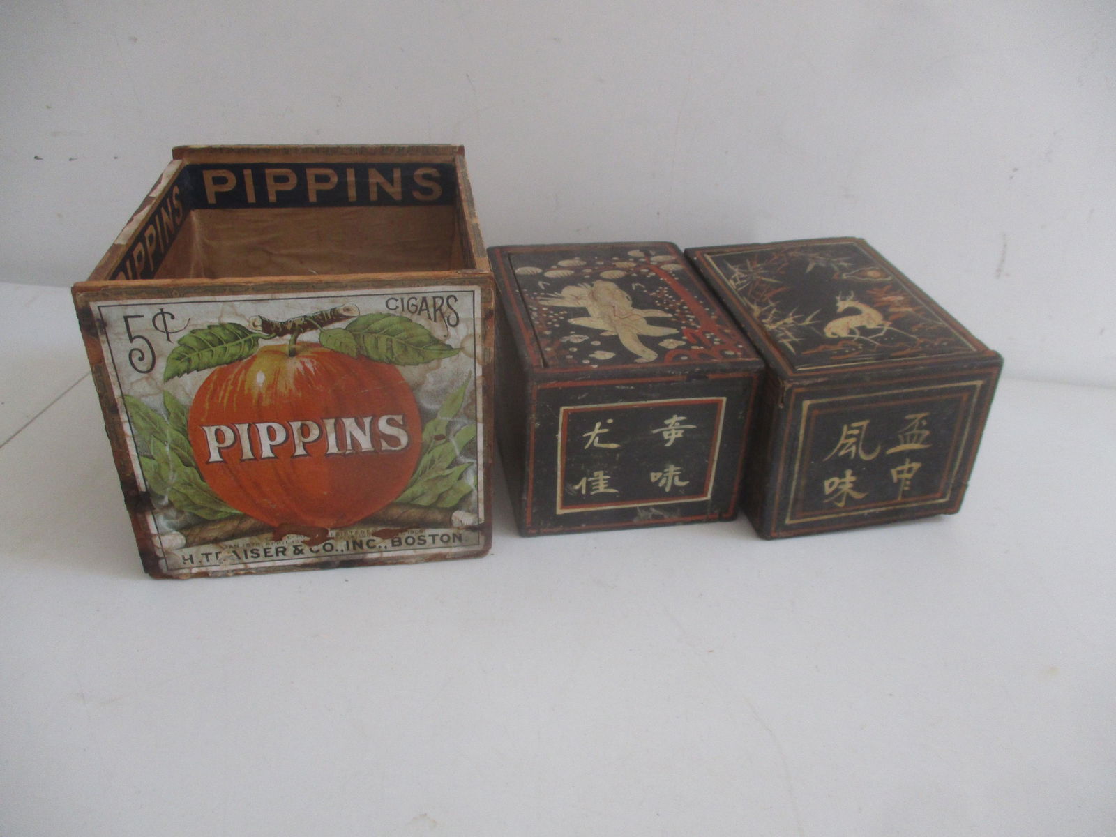 2 Chinese Tea Boxes, Pippins Cigar Box with Label: See photos for condition and details