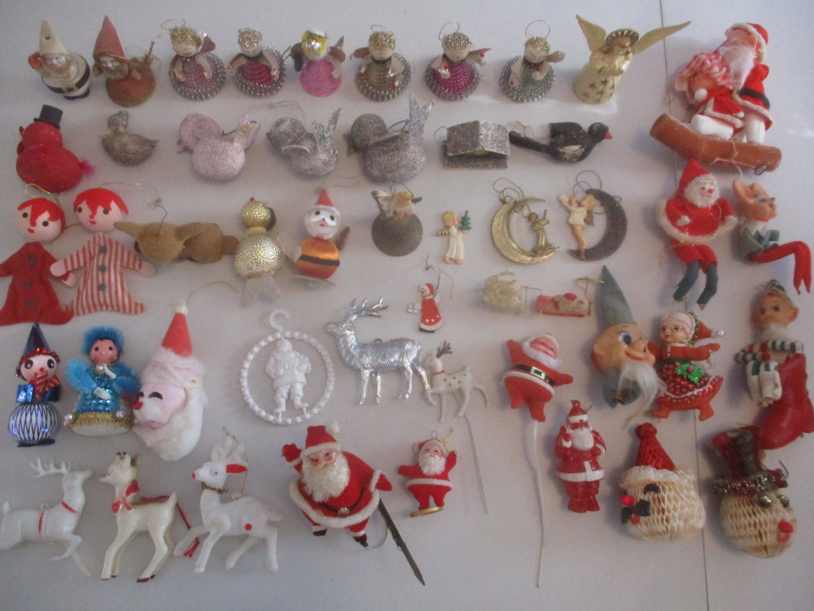 Vintage Cardboard & Other Christmas Decorations: Cardboard Christmas House, 1950 Frankel Birds, Angels - Japan, Vintage Santas, Knee Hugger & Other Santas, Etc. - See photos for condition and details