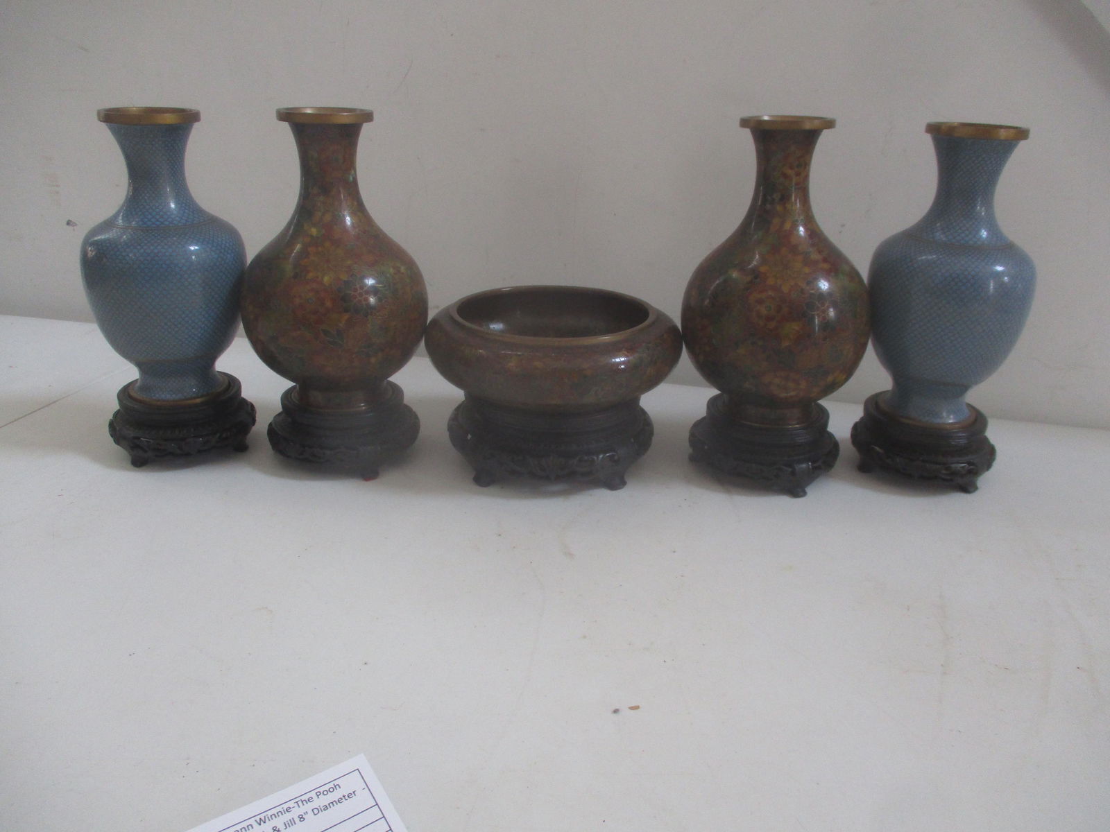 4 CloisonnÃ© Vases & 1 Bowl with Stands (1 of 18)