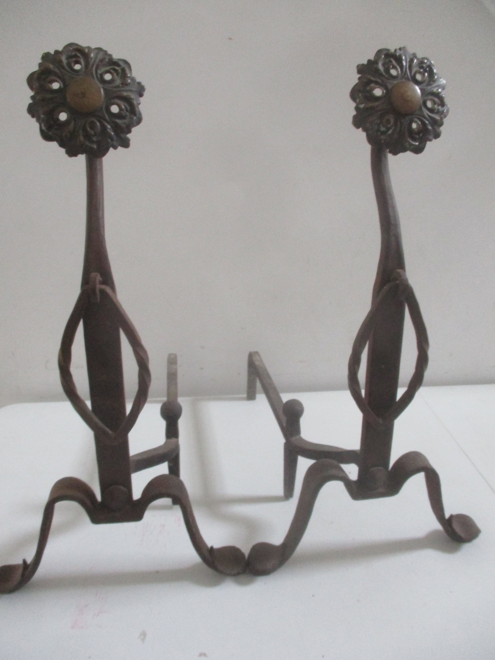 Andirons Bronze Floral Design: Cast Iron Base 25" High - See photos for condition and details