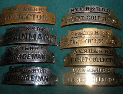 New York, New Haven & Hartford Railroad Hat Badges: Conductor, Trainman, (2) Maggageman, (4) Ticket Collector