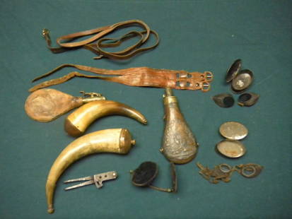 Powder Horns, Powder Flasks, Bullet Molds, etc.: Powder Horns, Powder Flasks, Bullet Molds, Shooting glasses, etc.