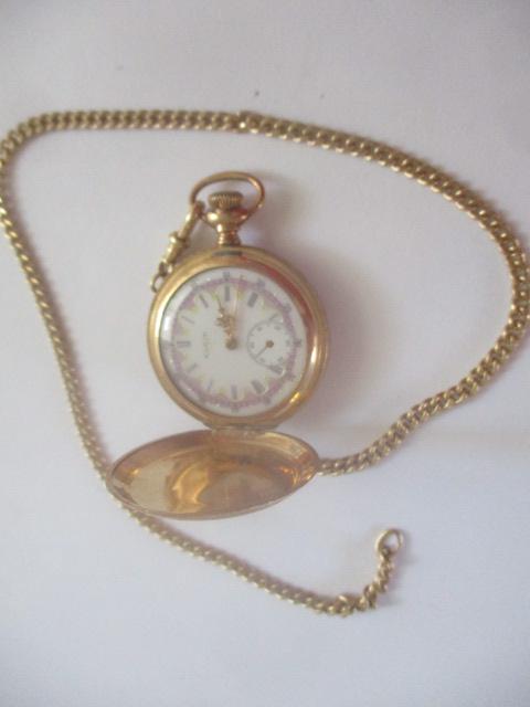 14K Elgin Women's Enamel Face Pocket Watch & Chain (1 of 8)