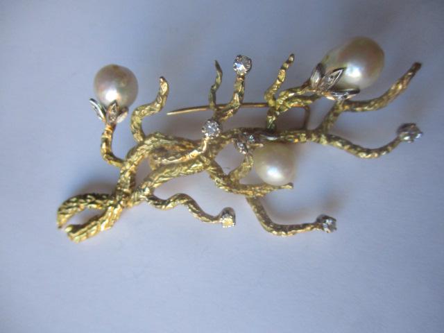 14K Pearl & Diamond Branch Pin 1/4 Carat TW - 2 3/4" wide (1 of 3)