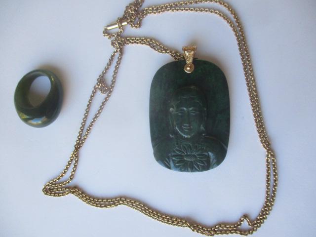 32" 14K Chain w/Jade Pendant  and Jade Ring (1 of 3)