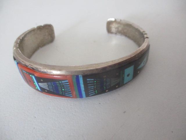 Native American Navajo 925 Micro Inlaid Cuff: Bracelet, Turquoise, Coral & Other Stones. Kachina Symbols and Others - 1.5 Ounces - See photos for condition and details