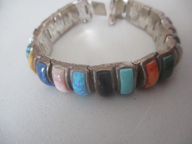 Native American Navajo Signed Sanel Bracelet: 925 Multistone - Turquoise, Lapis, Opal, Coral, Etc. - 7 1/2" - 2.3 Ounces - See photos for condition and details