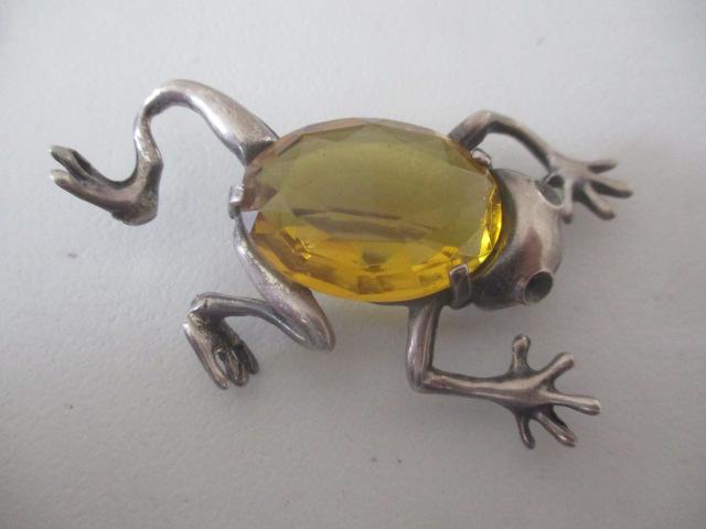 Large Sterling Silver Frog Pin with Gemstone - Appr. 2 1/2" Wide (1 of 6)