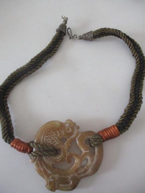 Jade Necklace/Chocker 20": Jade piece is Appr. 2 3/4" x 2 1/2" - See photos for condition and details