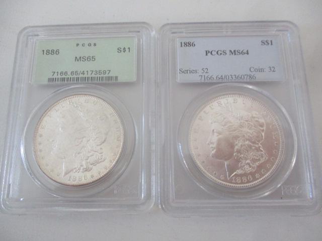 1886 PCGS MS65 and MS64 Morgan Silver Dollars (1 of 7)