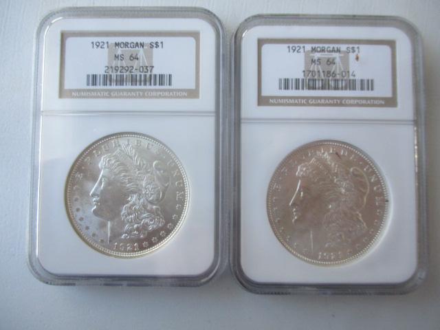 (2) 1921 NGC MS64 Morgan Silver Dollars (1 of 6)