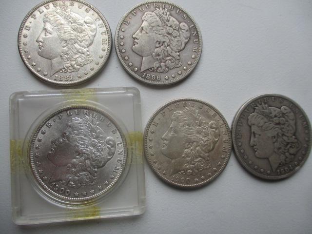 5 Morgan Silver Dollars: 1881-S, 1896-S, (2) 1900 and 1904 (1 of 13)