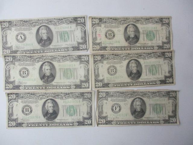 (6) 1934 $20 Federal Reserve Notes: Boston, (4) New York and Atlanta - See photos for condition and details