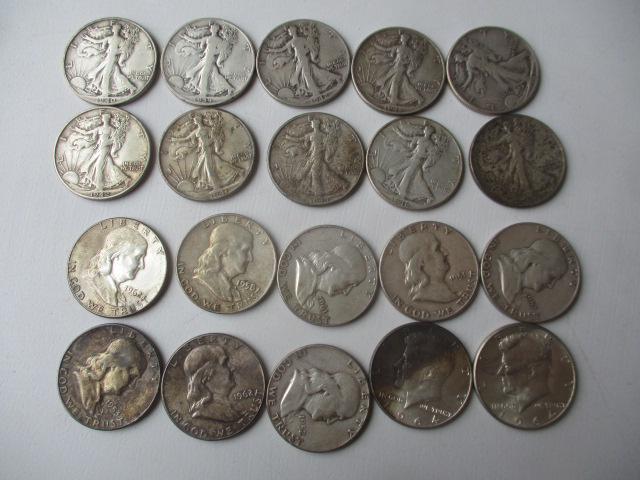 Roll (20) Silver Half Dollars: 10 Walking Liberty, 8 Franklin and (2) 1964 Kennedy (1 of 4)