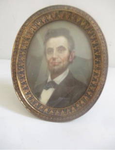 Abraham Lincoln Miniature Painted Portrait in Brass Easel Back Frame - Some very small dots when: See photos for condition and details