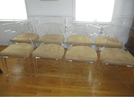 8 Signed Acrylic Chairs With Beige Cushions: The chairs weigh appr. 25 lbs. each. They are appr. 21 1/2" wide by 34 1/2" High by 18" Deep. The thickness of the acrylic is 3/4" thick. There is some crazing/cracking inside a couple of the chairs