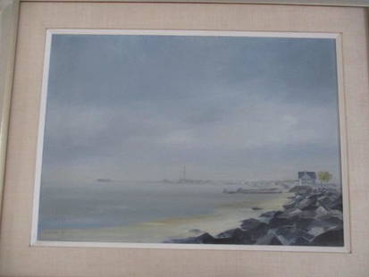 O/C of Coastal Scene Signed A. Packard '81: Linen Matted Wood Frame 35 x 27 - See last photo for Estate Appraisal. See photos for condition and details