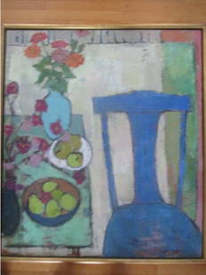 Acrylic on Canvas of Blue Chair and Table with Fruit Signed: Cynthia Packard - Gold Wood Frame - 44.5 x 51 - Last photo shows appraisal. See photos for condition and details