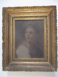 Antique Painting - Young Woman in Gold Gild Frame: Painting: 10 1/2" x 8" - Frame: 15" x 13". Some tears - See photos for condition and details